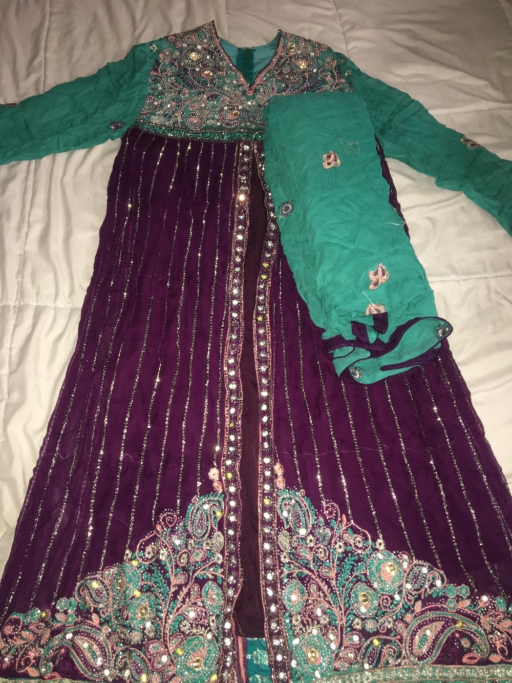 Purple and Turquoise Pakistani Embroidered Dress with Scarf